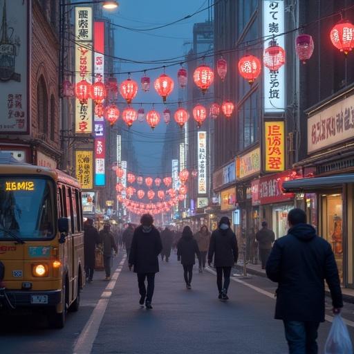A busy urban street at night filled with neon signs and people. The atmosphere is moody with a rainy look. Buildings and shops line the street, showcasing vibrant colors. It's a lively city scene.