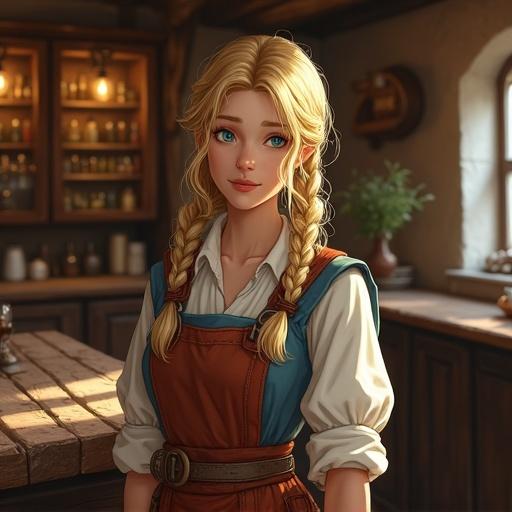 Human woman with blonde hair in braids. Dressed as a villager from a fantasy game. Working in a cozy inn setting with wooden furniture and warm lighting.