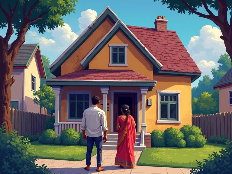 An Indian man and his wife arriving at their home. The couple discovers the house door is broken. They look fearful. The scene uses a colorful pixel art style with vibrant hues. The couple stands in front of their house which has a broken door off its hinges. The background shows a quaint neighborhood with houses and trees.