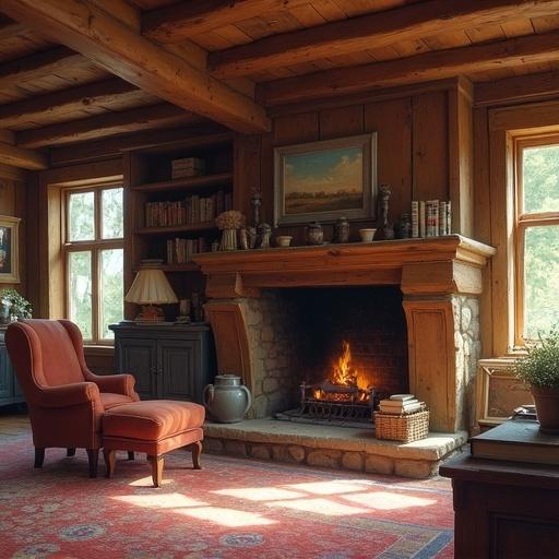 Rustic wooden room features a fireplace and an armchair. Decor includes books and warm lighting. Style combines painterly realism with soft post-impressionist edges. Media used is digital oil with soft pastel touches.
