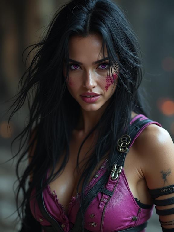 A hyper-realistic portrait of a woman inspired by a fantasy character. She has piercing violet eyes and a chilling smile. Long black hair is tousled, slightly blood-smeared face. Torn magenta ninja outfit with dark leather. Pale skin with battle scars and ritual paint. Background is shadowy with firelight.