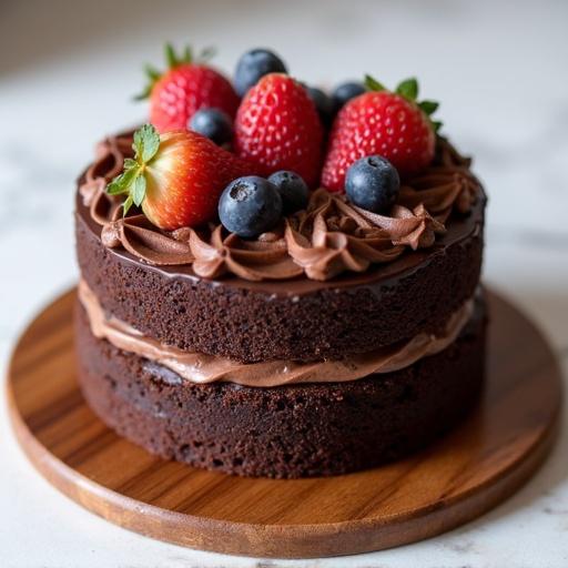 Delicious chocolate cake topped with fresh strawberries and blueberries. Beautifully decorated with chocolate frosting. Set on a wooden base with a marble background.
