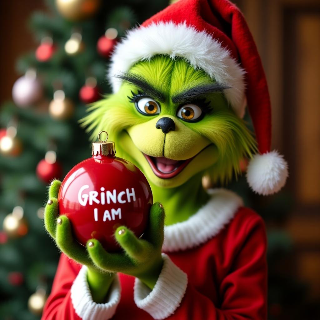 Young Grinch character holds red ornament with text. Christmas tree stands in the background. Grinch wears a Santa hat and festive attire.