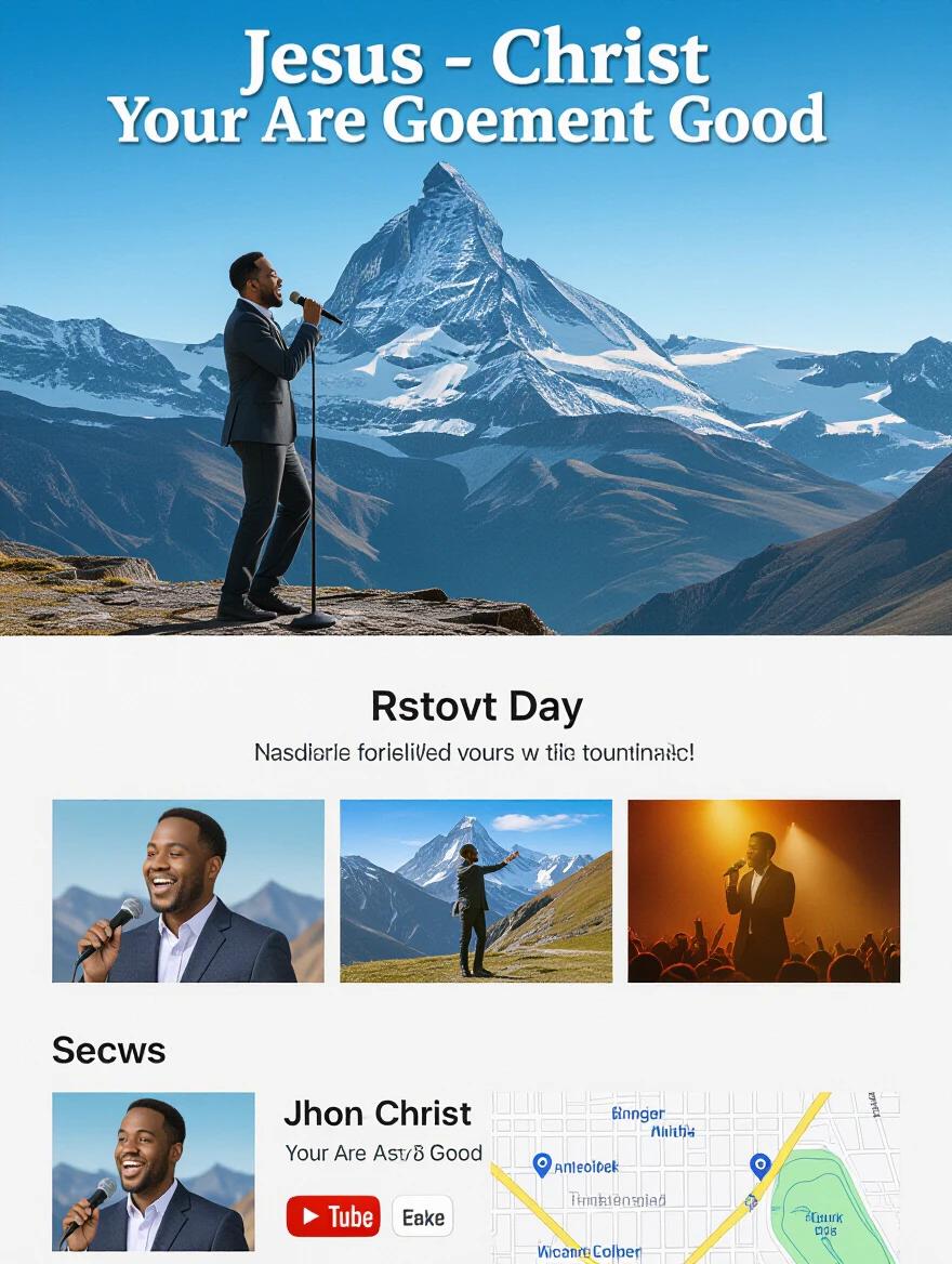 YouTube thumbnail with Gospel singer Jhon Job performing song. Singer on mountain with microphone. Majestic mountainous background. Bright colors. Text overlay with song title.