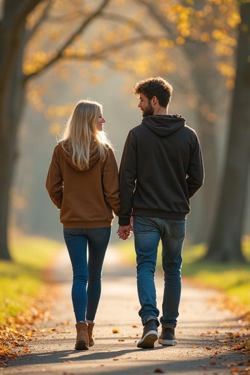 A couple walking in Hyde oak during spring time. They are holding hands and looking at each other with affection. The woman has blonde hair and is dressed casually. Her boyfriend has a unique appearance with man-sized features and is similarly dressed.