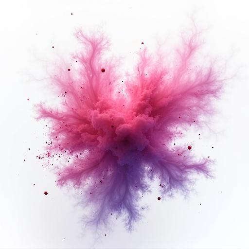 Abstract visualization of plasma as a state of matter. A colorful explosion with pink and purple smoke on a white background. Flowing texture resembles fractal patterns. No additional objects or distractions.