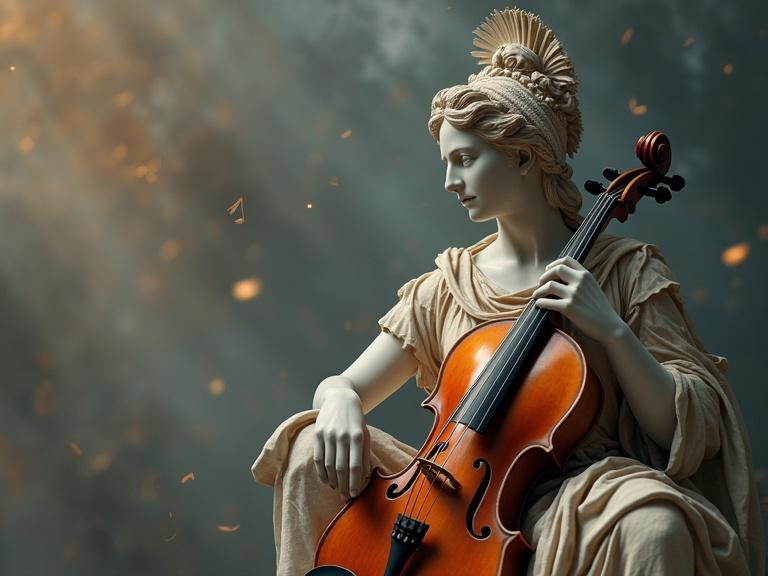 Fotorealistisches Bild von einer römischen Statue die eine Violine hält. Noten fliegen aus dem Nebel in der Luft. Sanfte, ethereale Lichtverhältnisse zeigen die Eleganz.