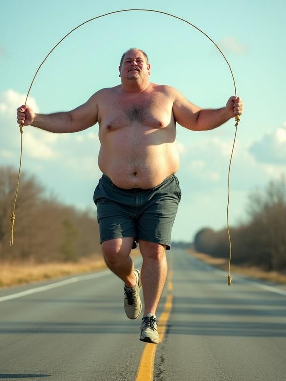 A large shirtless man jumps rope on a highway. He looks joyful and carefree. The weather is sunny.