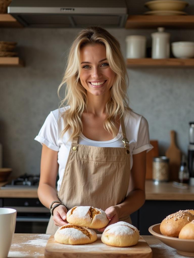 A blonde woman in a kitchen preparing freshly baked bread. She is wearing an apron and holding bread on a wooden board. The kitchen is warm and inviting with wooden elements. Baking tools are visible in the background.