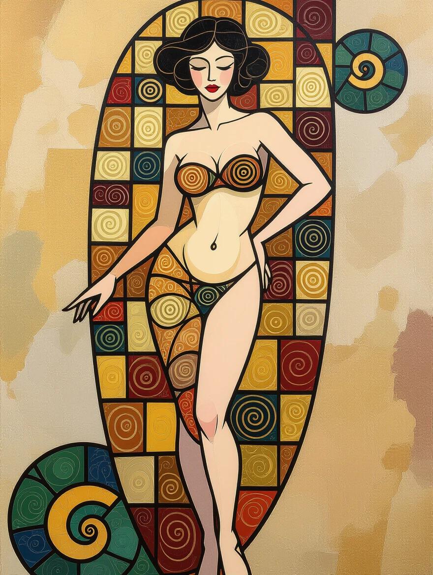 Artwork featuring a glamorous female figure in an artistic style. The figure has an athletic body and is presented in a colorful abstract design with spiral motifs. Mixture of warm tones highlighted by a golden backdrop.
