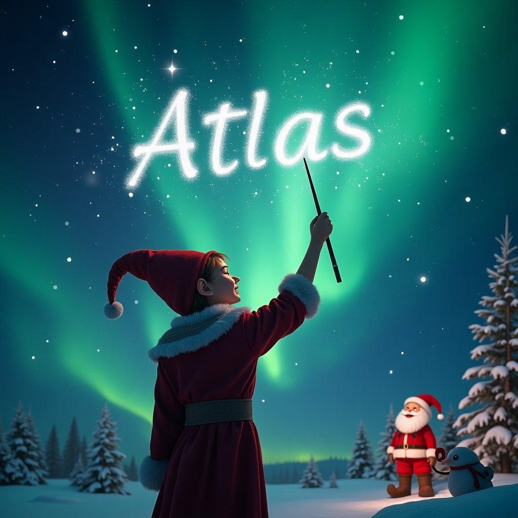 Elf facing magical northern lights. Using wand to write name Atlas in the air. Background features Santa Claus. Bright and colorful atmosphere.