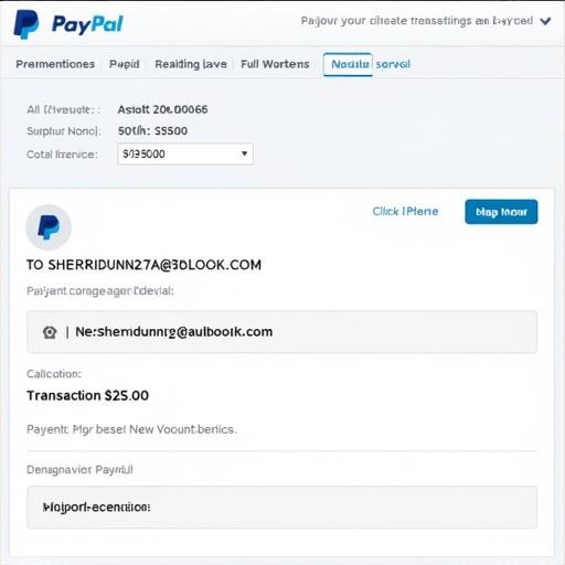 Create a digital PayPal transaction receipt showing payment details. Amount is $25.00. Payment to Sherridunn2@outlook.com. Include transaction ID and other relevant details.