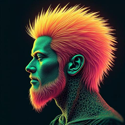Side profile of an Eskimo man depicted in a biomechanical style. The artwork features details that are imaginative and experimental, with vibrant fringe and cell shading techniques. The color palette consists of neon green and neon orange shades, emphasizing a futuristic aesthetic.
