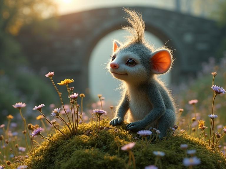 A charming flower troll tends to a blooming moss stump under an ancient bridge. The troll has a sweet expression. Unusual flowers bloom around. The scene captures morning haze. Shades of wheat, indigo, coffee, gray, purple, and dusty green dominate. Sunlight diffuses softly through the scene. Ultra-realistic depiction with wool texture and high detail.