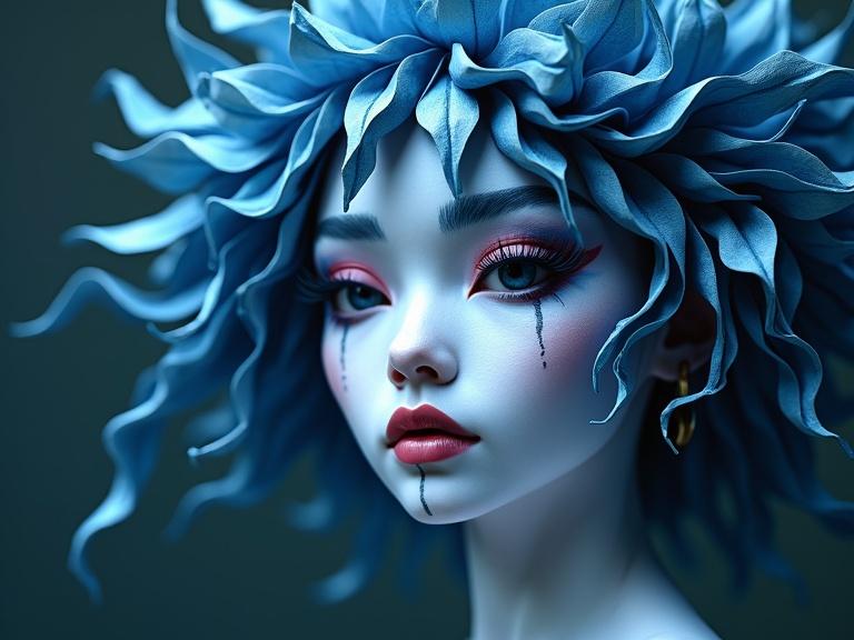 3D sculpture of a beautiful woman made from 100 layers of origami paper. Hair appears like moss, colored white and cobalt blue. White face paint and cobalt blue lips define the facial features. Long black eyelashes accent the eyes. The composition is soft focused, full frame, showcasing the intricacies of paper folds with a nighttime backdrop.