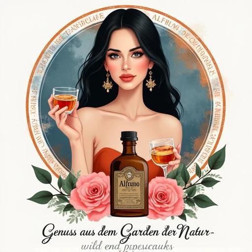 A digital illustration of a female figure in her mid-thirties. She has long dark hair and fair skin. She holds two glasses filled with amber liquid and has striking features. She wears dangling earrings and has exposed shoulders. The background is a circular design with blue and orange hues. An apothecary-style bottle labeled 'Alfruno' is in front of her. Pink roses and green foliage are around the bottle. The text at the bottom says 'Genuss aus dem Garten der Natur - wild und besonders.' The composition is symmetrical and balanced.