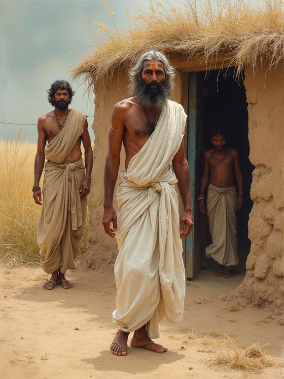 Humble Indian Brahmin living in a small mud hut with family wearing a white dhoti. Calm expression with a tilak on the forehead. Set in a rural background with soft morning light. Watercolor or oil painting style.