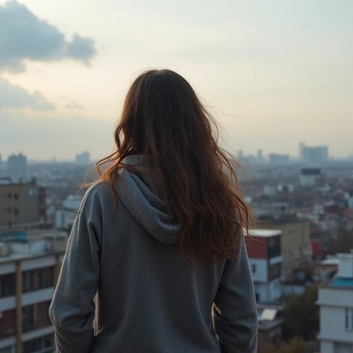 A person stands on a rooftop looking out over a city, contemplating life. The figure has long brown hair and wears a gray hoodie. The sky is cloudy, adding to the reflective mood.