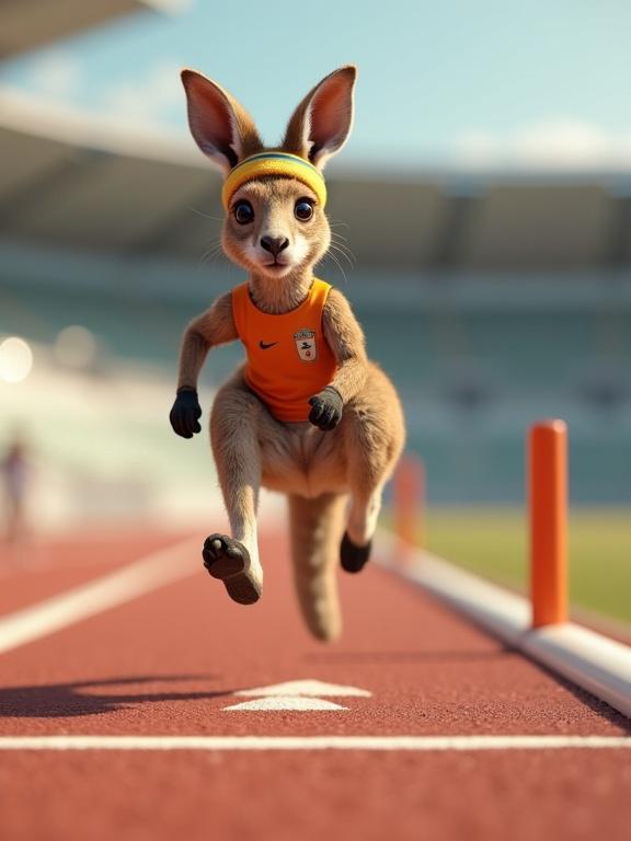 Photorealistic young kangaroo jumps over a hurdle on a running track. Dressed as an athlete with a sports headband and jersey. Scene shows kangaroo mid-jump with a determined expression. Background is a stadium or sports field softly blurred. Natural daylight realistic textures dynamic pose.