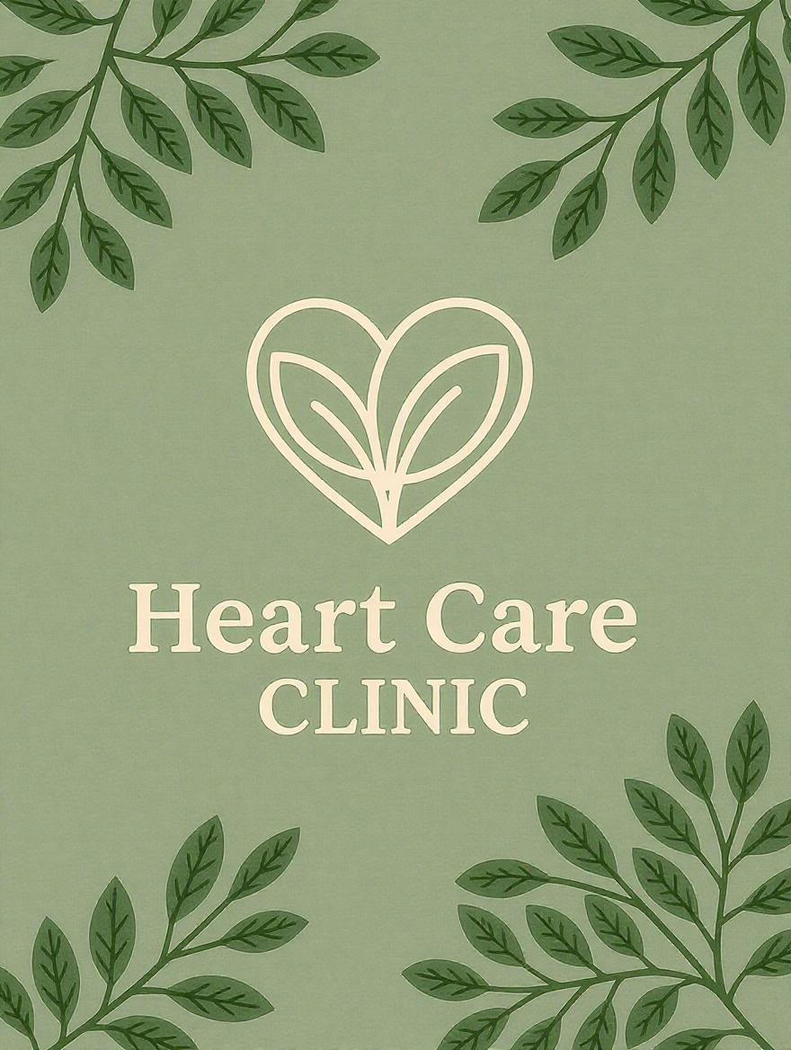 Design a clean contemporary logo for Heart Care Clinic focusing on a natural and holistic approach to medic center. Primary visual should be stylized leaf or sprout interacting with a geometric representation of a heart. Typography should be friendly yet professional sans-serif like Lato, positioned to complement graphics. Overall feeling should be gentle caring and indicative of a patient-focused practice.
