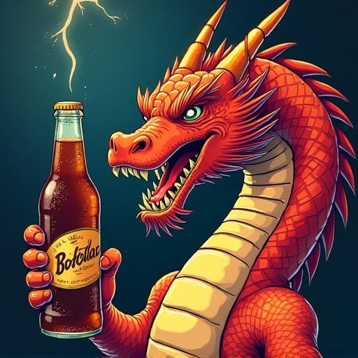 A colorful dragon poses triumphantly. The dragon is bright red with sharp teeth. It holds a soda bottle labeled 'Botolla'. The background is dark with a lightning bolt effect.