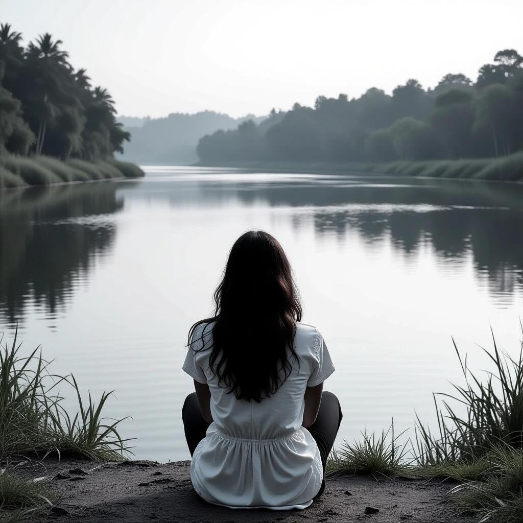 Black and white photo featuring a woman sitting by a big river. The setting is peaceful with a calm water surface and lush trees in the background. The woman is seen from behind, creating an atmosphere of contemplation.