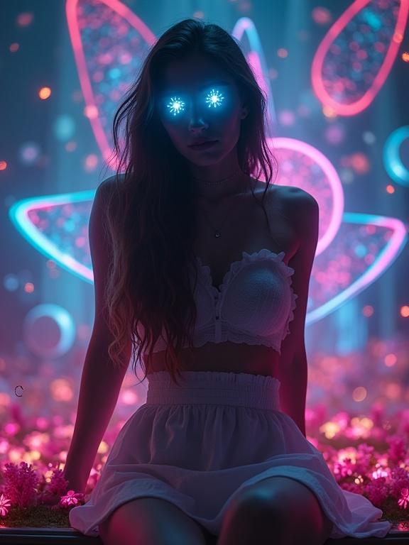 Beautiful woman with holographic eyes sits in front of a digital shrine. Surrounded by floating memory chips and neon flowers. Soft rim light creates a melancholic atmosphere. Bokeh lights in background add depth. Close-up view emphasizes artistic detail.