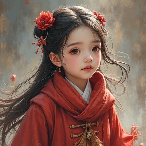 Generate an image of a young girl with flowing hair. She wears traditional clothing. The setting has soft lighting. The background includes peach blossoms and warm hues. The mood is dreamy and serene.