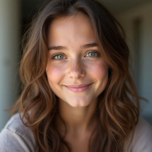 Girl with brown wavy hair looks into the camera and smiles. Worm's eye view of the woman looking directly at the camera. Soft and natural light illuminates her face.