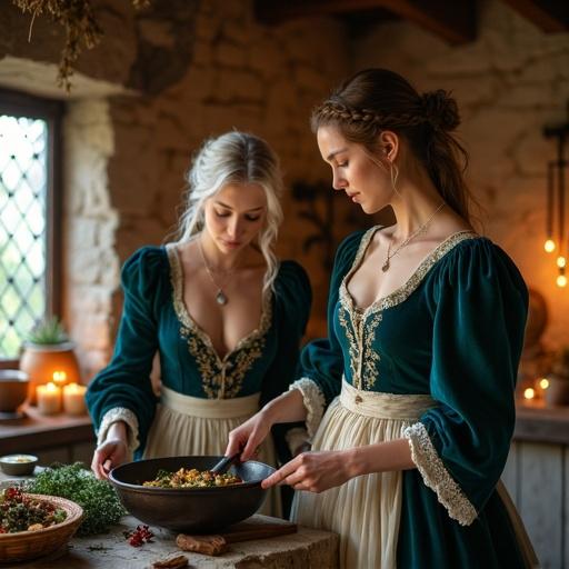 Two elegant women cooking in a rustic medieval kitchen. Both wear intricate medieval gowns. One woman has long platinum-silver hair; the other has chestnut hair in a braid. They use traditional tools in a cozy stone cottage filled with natural elements and soft candlelight.