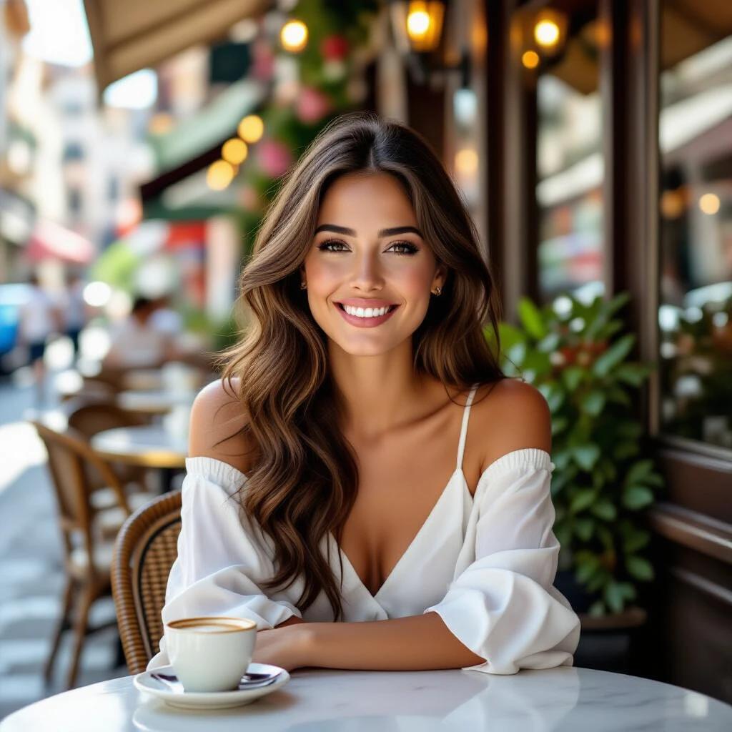 Beautiful brunette woman sitting at a sidewalk table in an Italian-style cafe. Natural lighting enhances the scene. The woman wears an elegant outfit. A cup of coffee sits on the table. The surrounding cafe environment includes plants and charming decor.
