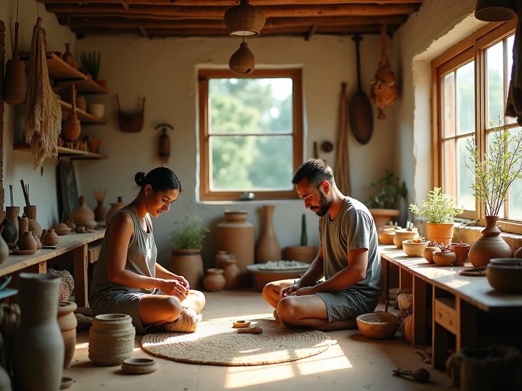 The image showcases a serene pottery workshop where a man and a woman are engaged in creating pottery. They sit cross-legged on a wooden floor, surrounded by various pots and crafting tools, emphasizing a comfortable and creative atmosphere. Natural light floods the room through large windows, highlighting the earthy tones of the materials around them. The couple appears focused, showcasing the art of craftsmanship and collaboration. This setting reflects a peaceful, artistic lifestyle and the beauty of handmade creations.