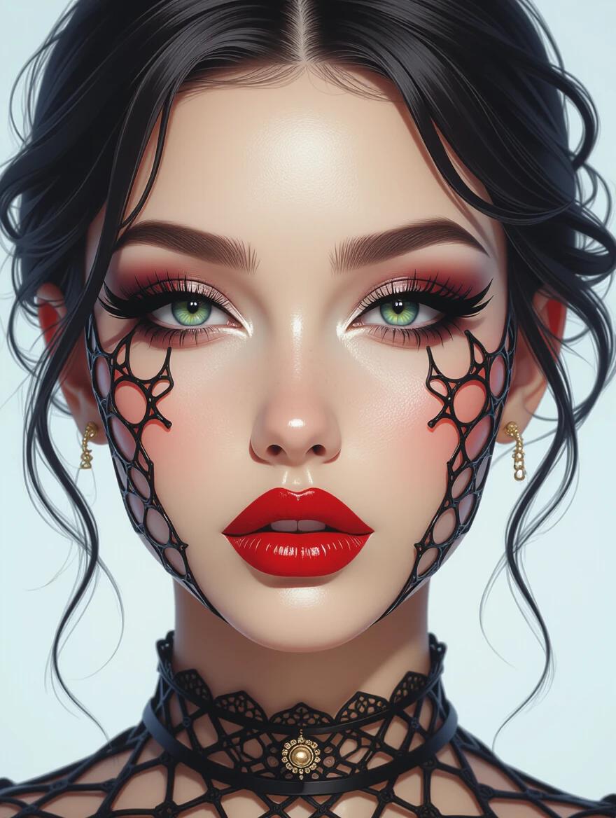 A close-up of a glamorous gothic face. 3D-style strings and intricate designs adorn the face. Mixed media art style is evident.