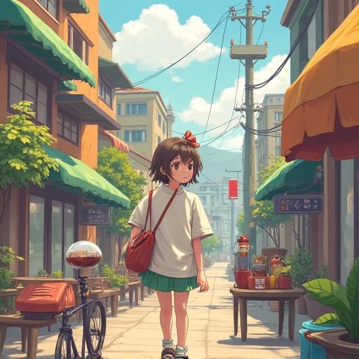 Create a cheerful and bright illustration featuring a young girl in a lively street scene with buildings and shops under a clear blue sky.