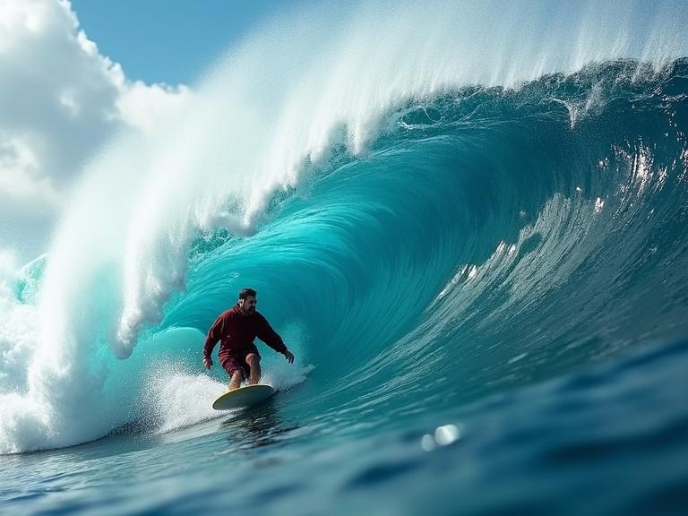 Surfer rides a giant barrel wave in the ocean. Bright turquoise water and white foam. Dynamic movement captured in a low-angle shot.