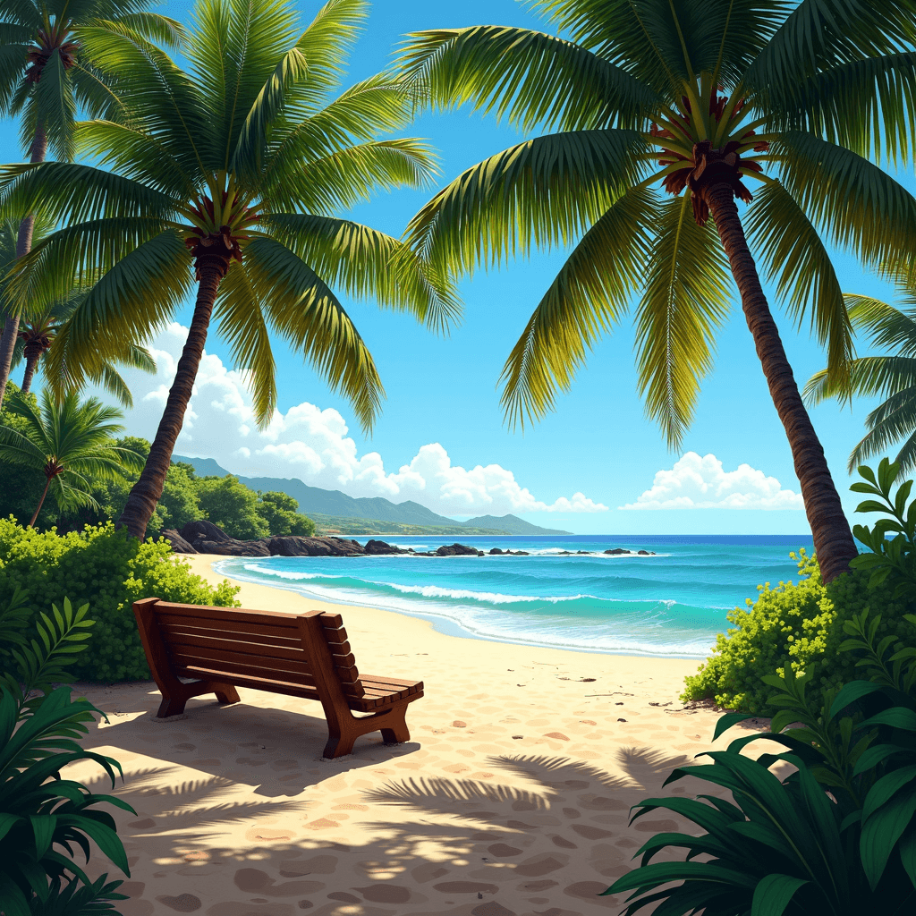 A tranquil beach scene with palm trees framing a wooden bench, overlooking a crystal-clear ocean.