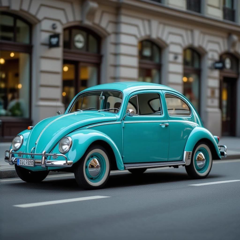 Ultra-sharp archival photograph of a 1950s Volkswagen Beetle in pristine condition. Turquoise color car showcased in low-angle side profile. Clinical museum LED lighting creates a shadow-free effect. No bokeh or imperfections. Focus on critical details and sharpness was achieved using advanced optics.