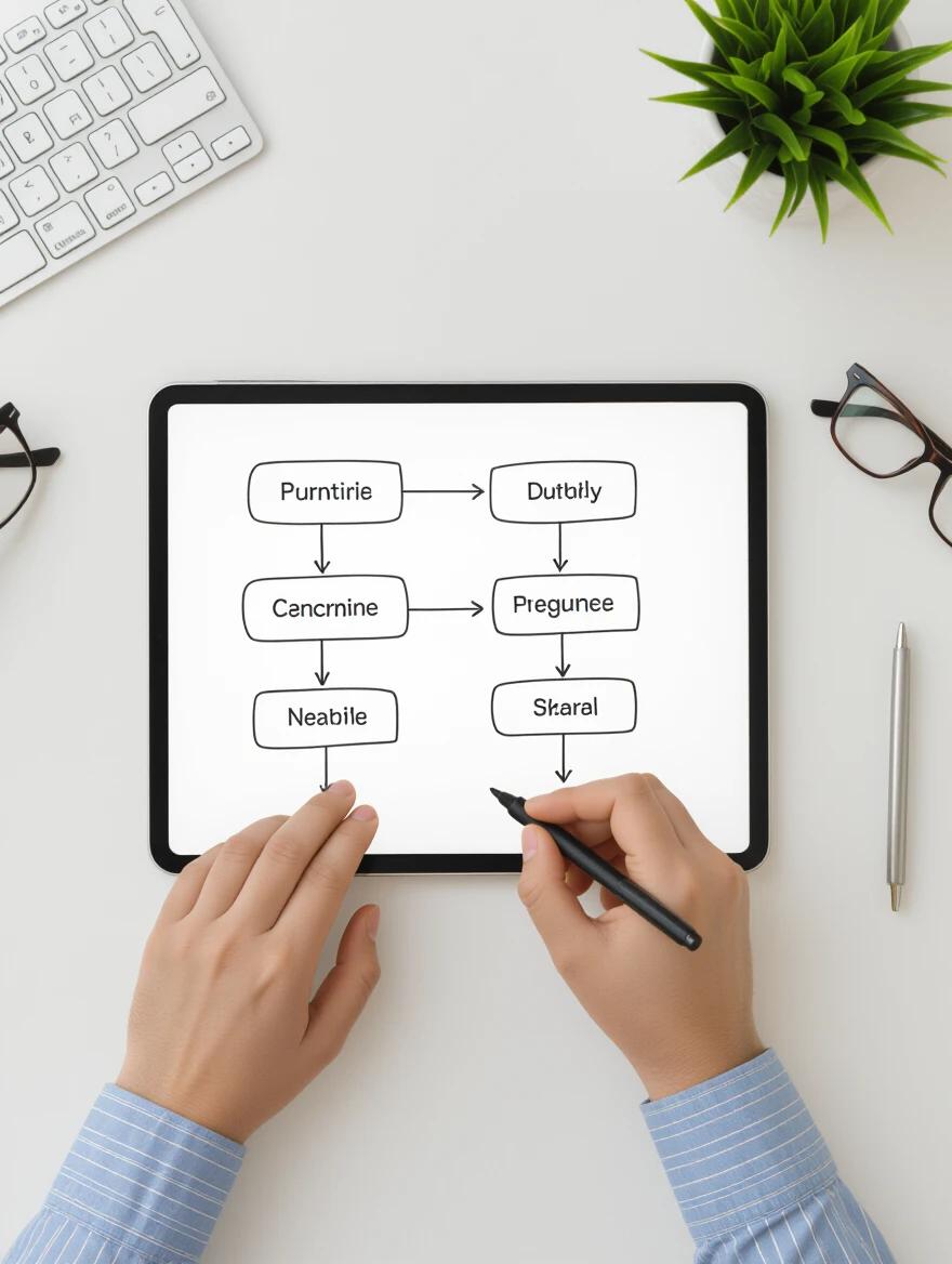 Hands drawing flowchart on tablet screen. The camera focuses on drawing process. Workspace has a clean and cozy aesthetic with minimal tech.