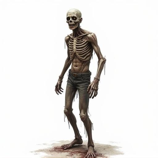 A skeletal zombie character in T-pose against a white background. The figure is thin and tall, wearing tattered jeans. The bones are prominently visible and the pose is neutral.