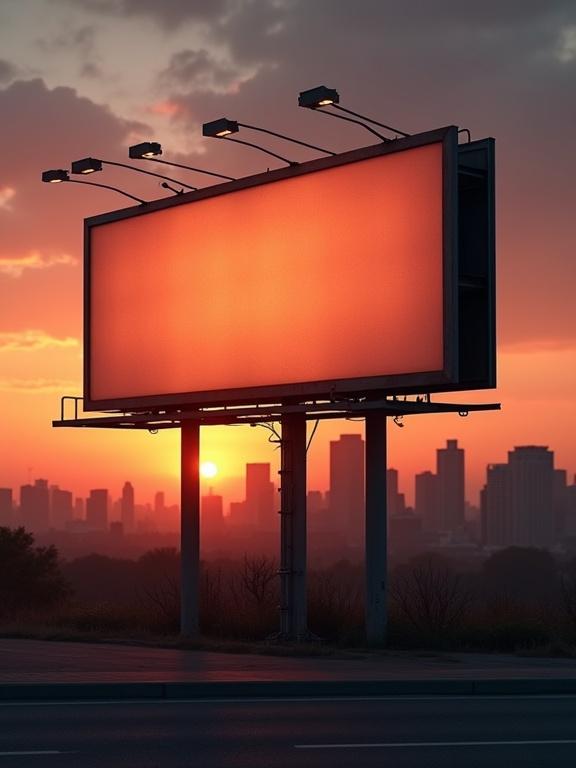 Billboard stands empty against a warm sunset. The city skyline is visible in the background. Warm tones dominate the scene. The lighting is soft and showcases the urban environment.