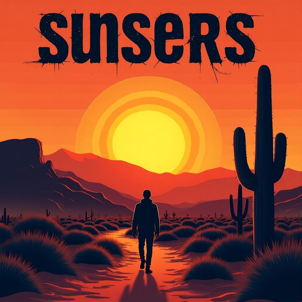 Desert landscape with vibrant sunset. Person walking towards horizon. Cactus and mountains in background. Bold text at top. Edgy and modern design.