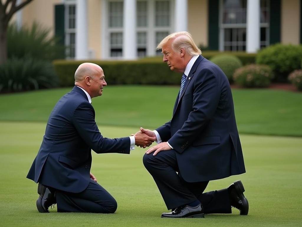 Picture shows Jeff Bezos kneeling on grass in front of Donald Trump. Trump stands above him. Scene set on lawn of Mar-a-Lago in Florida. High resolution image.