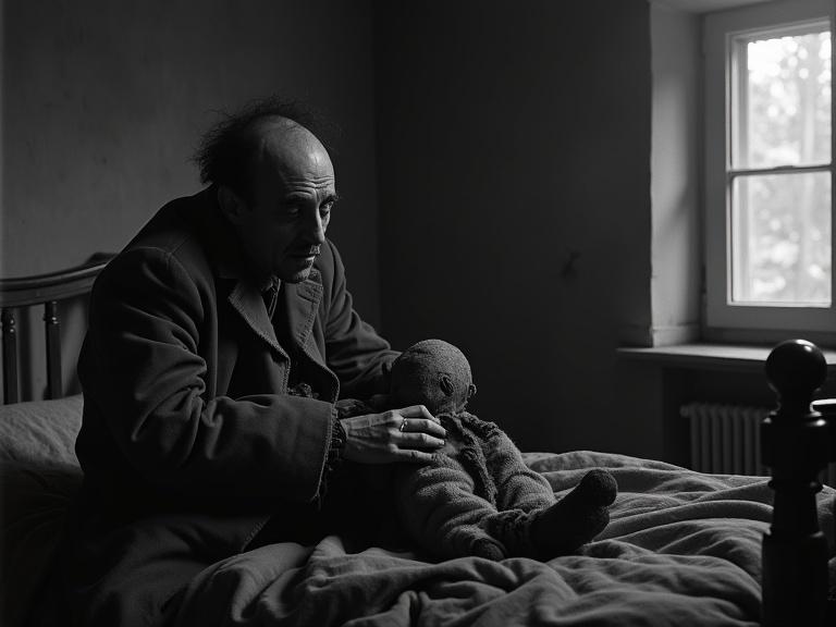 Still from a 1920s German film depicting a hunchback in a gloomy room. Scene features a dark ambiance with an old bed and a doll. Captures the essence of German expressionism and themes from Kafka.