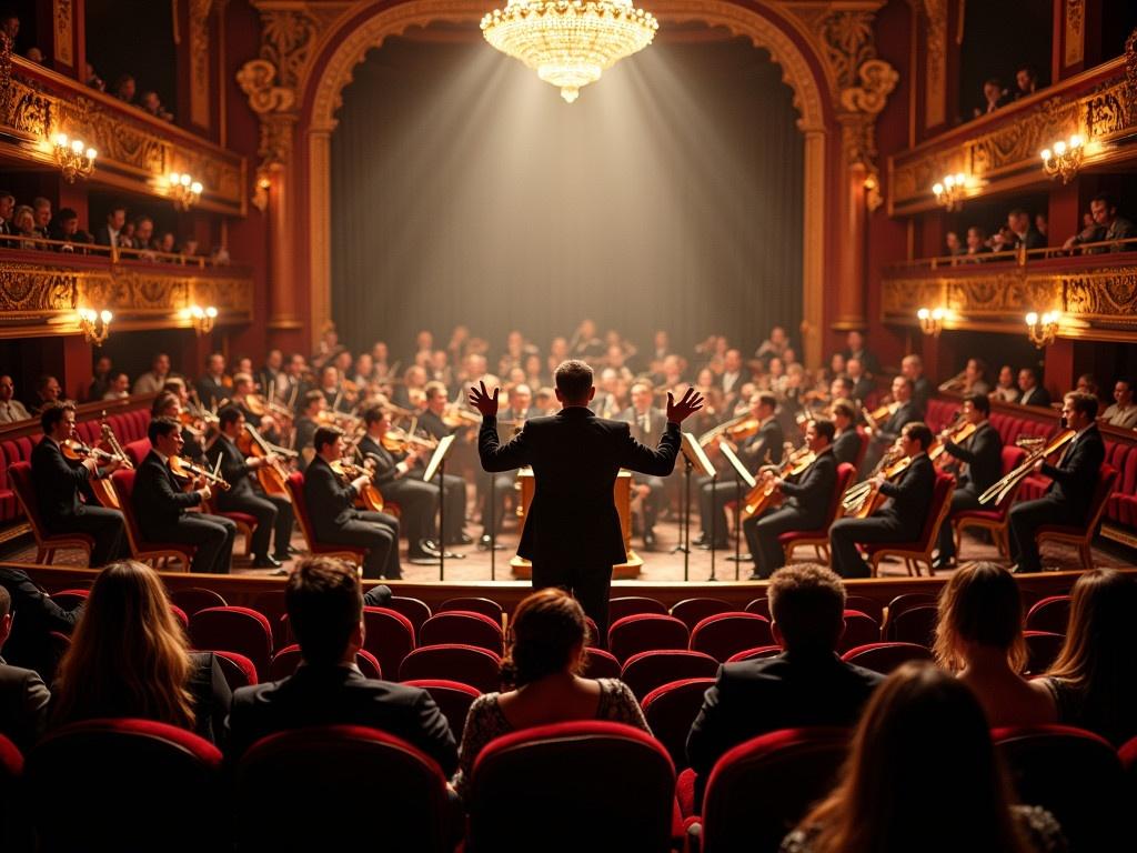 The scene depicts a grand performance in an opulent theater. The audience is captivated, seated in plush, red velvet chairs, while the stage is illuminated by dramatic lighting. A conductor stands confidently at the front, orchestrating a large ensemble of musicians playing various instruments. The backdrop is adorned with ornate decorations and a magnificent chandelier hanging from the ceiling. Members of the audience display a range of emotions from joy to admiration, all engaged in the live performance, creating a magical atmosphere.