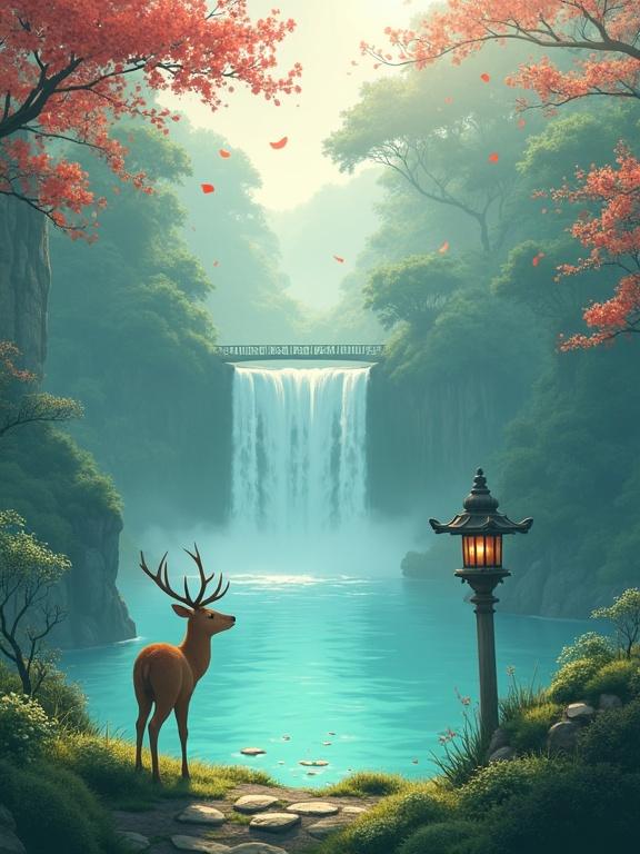 Morning mist covers islands. Vine bridges sway in light. Crystal waterfalls fall into turquoise pools. A deer with antlers stands by a stone lantern. Cherry petals swirl in dawn light. Anime art style blends realism and dynamic visuals.