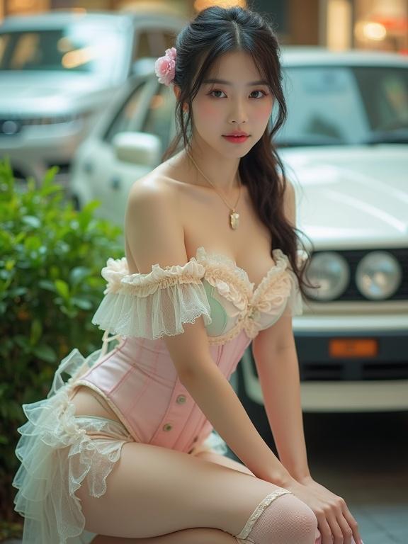 Full body shot of a lady in pastel-colored frilly outfit. She is squatting next to a car in a mall car exhibition. The outfit features a corset top with lace and frills in pink, cream, and mint green. Includes off-the-shoulder design and vintage vibes. Hair tied up, serene expression. White stockings and garter belts complete the look. Surrounded by greenery with soft, natural light highlighting details.