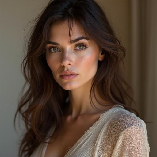 Portrait of a woman with long wavy brown hair in soft natural light. The woman appears with a subtle smile. She wears a light-colored top that elegantly reveals her shoulders. The focus is on her hair and upper body with a warm ambiance.
