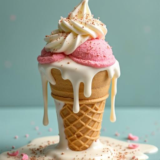 Melting ice cream in a cone with pink ice cream. Dripping ice cream and sprinkles on top. Background is light turquoise.