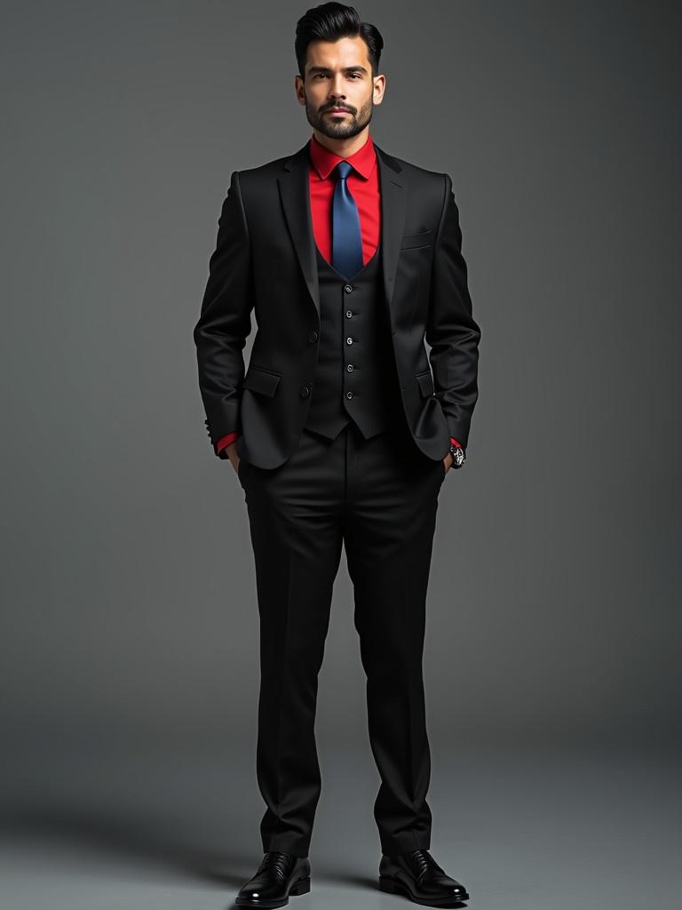 Image of an elegantly dressed man in a black business suit with a red shirt and blue tie. The man wears a tailored vest and black pants, looking confident against a simple background. His hair is dark and styled. A showcase of professional fashion attire for men.