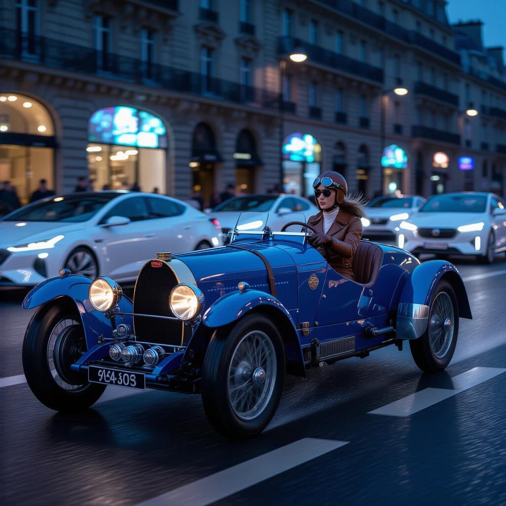 Photorealistic depiction of a vibrant blue 1924 Bugatti T35 on the bustling Champs-Élysées in Paris. The driver wears brown leather aviator gear. The scene highlights motion with blurred modern cars and holographic ads. Foreground sparks from cobblestone contact can be seen, and the soft lighting suggests golden hour mist.